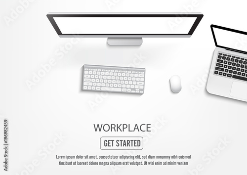 Realistic workplace desktop. Top view desk table, personal computer and laptop with keyboard, illustrator vector.