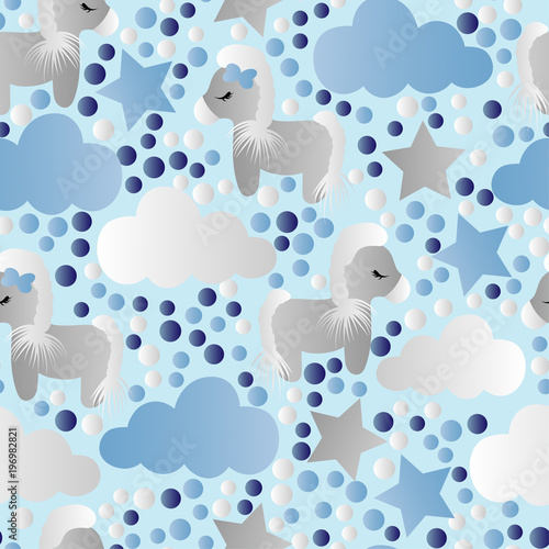 pattern with cartoon pony, clouds and stars