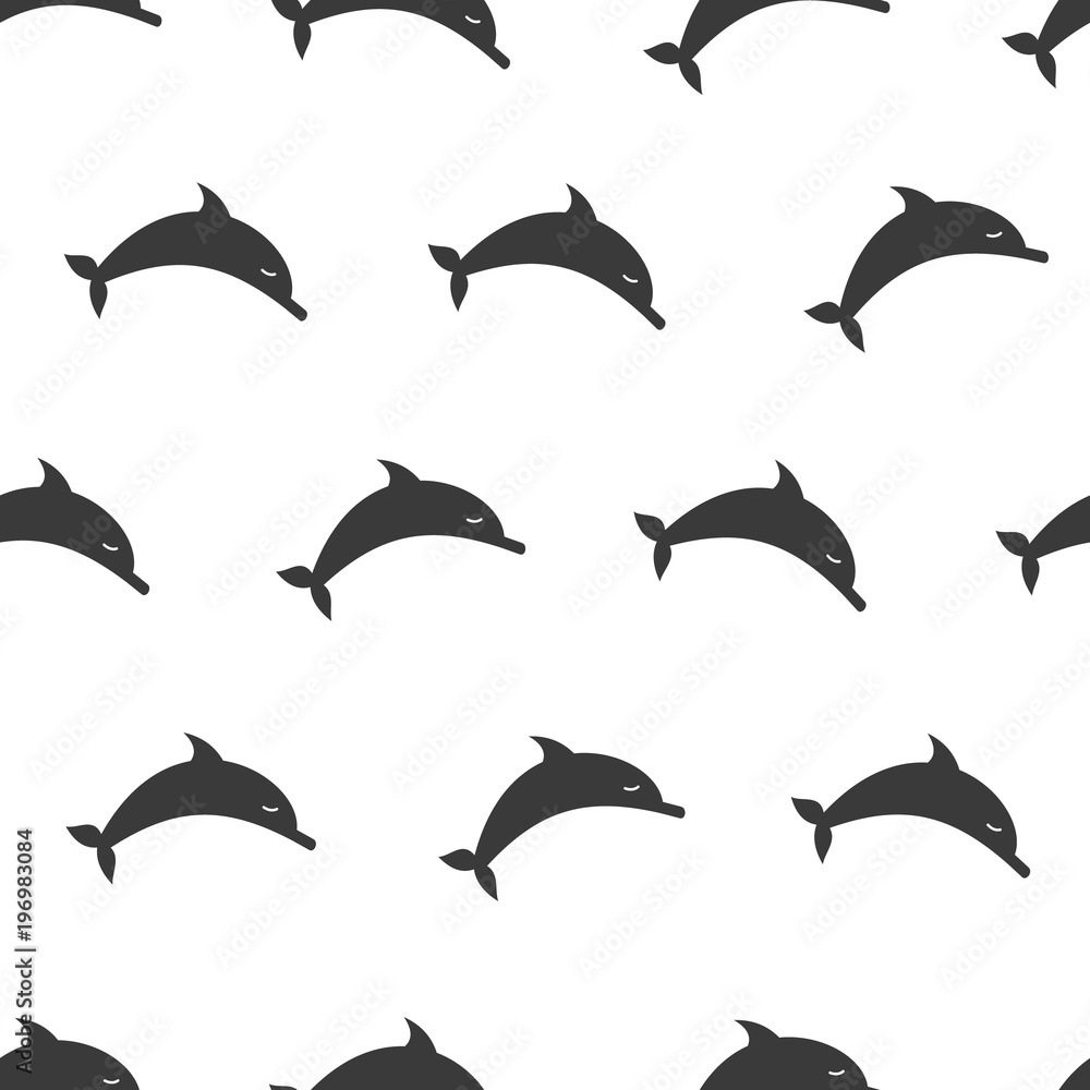 Naklejka premium Funny cartoon vector dolphin fish seamless pattern over white background. Black and white background. Marine texture.