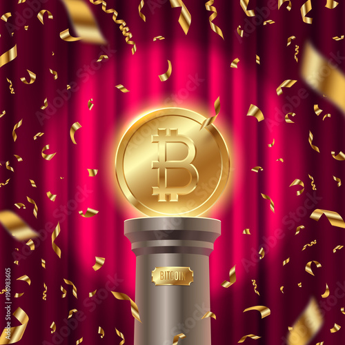 Golden Bitcoin on a pedestal on a stage in spot of light and golden foil confetti against the red background of the curtain. Vector illustration.