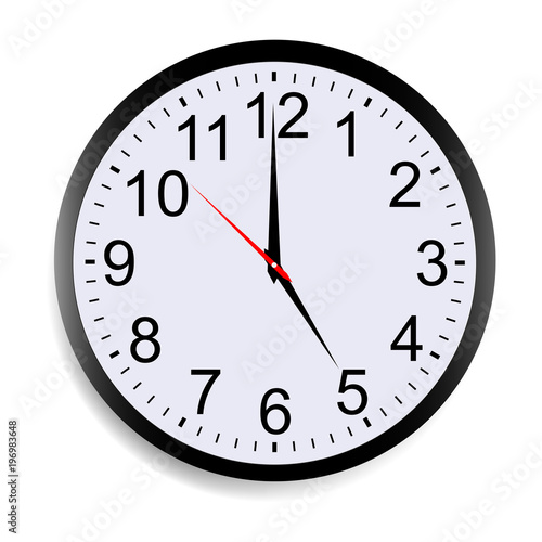 Wall clock mock up showing five o'clock isolated on white background. Vector illustration