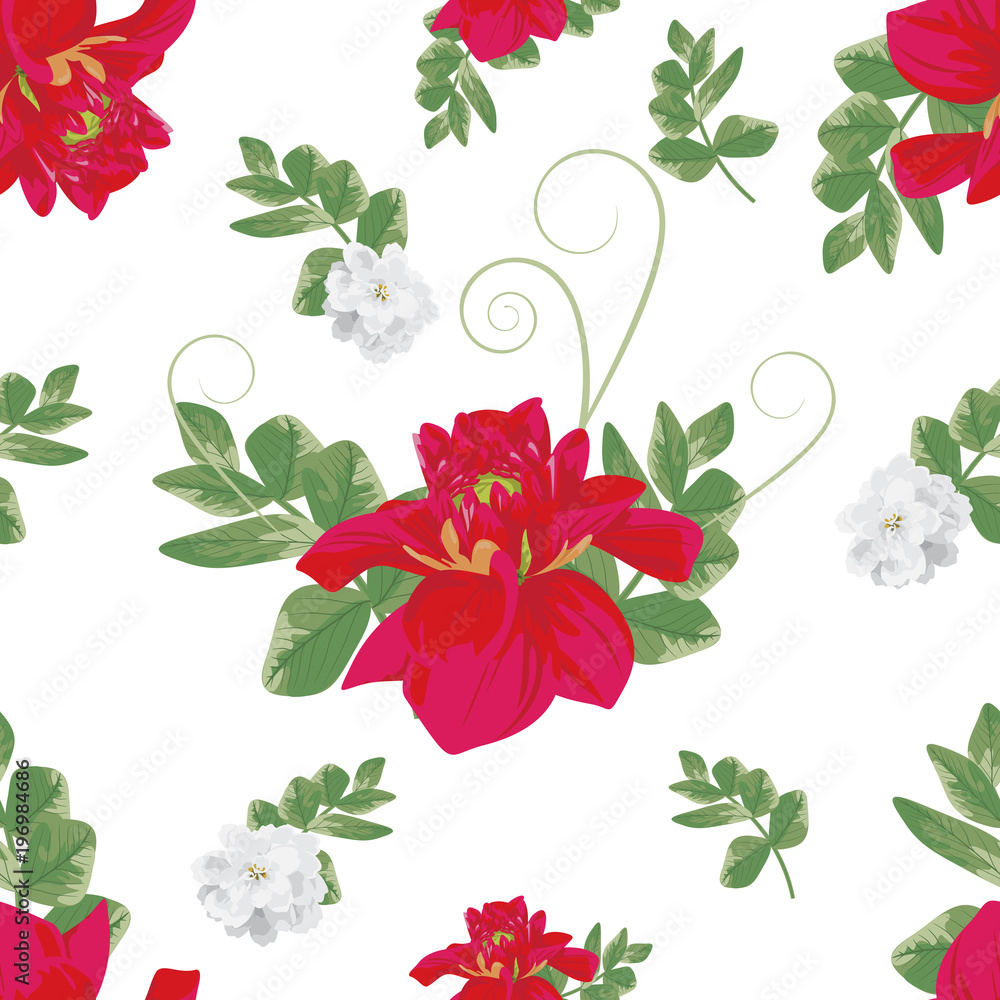 Botanic floral pattern red dahlia of flowers and green leaves greenery.Flowers motifs scattered random. Seamless vector texture. for fashion prints. Botanic floral pattern red dahlia of flowers and green leaves greenery.Flowers motifs scattered random. Seamless vector texture. for fashion prints.