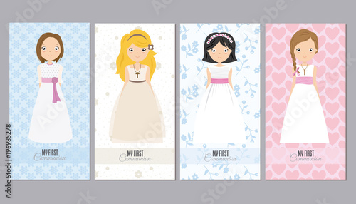 communion cards girls. set of four pretty girls in communion dresses with flowers and hearts backgrounds
