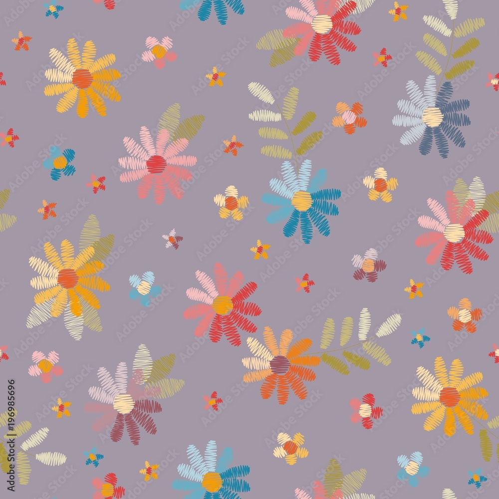 Embroidery seamless pattern. Beautiful summer flowers and leaves. Vector illustration. Fashion design. Print for fabric.