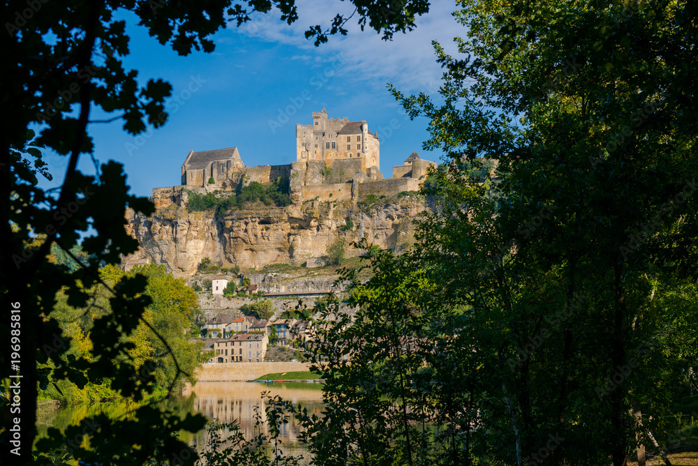 Beautiful ancient castle in France. The best view of the royal castle and the river Dordogne. Beautiful village and fortress. filming
