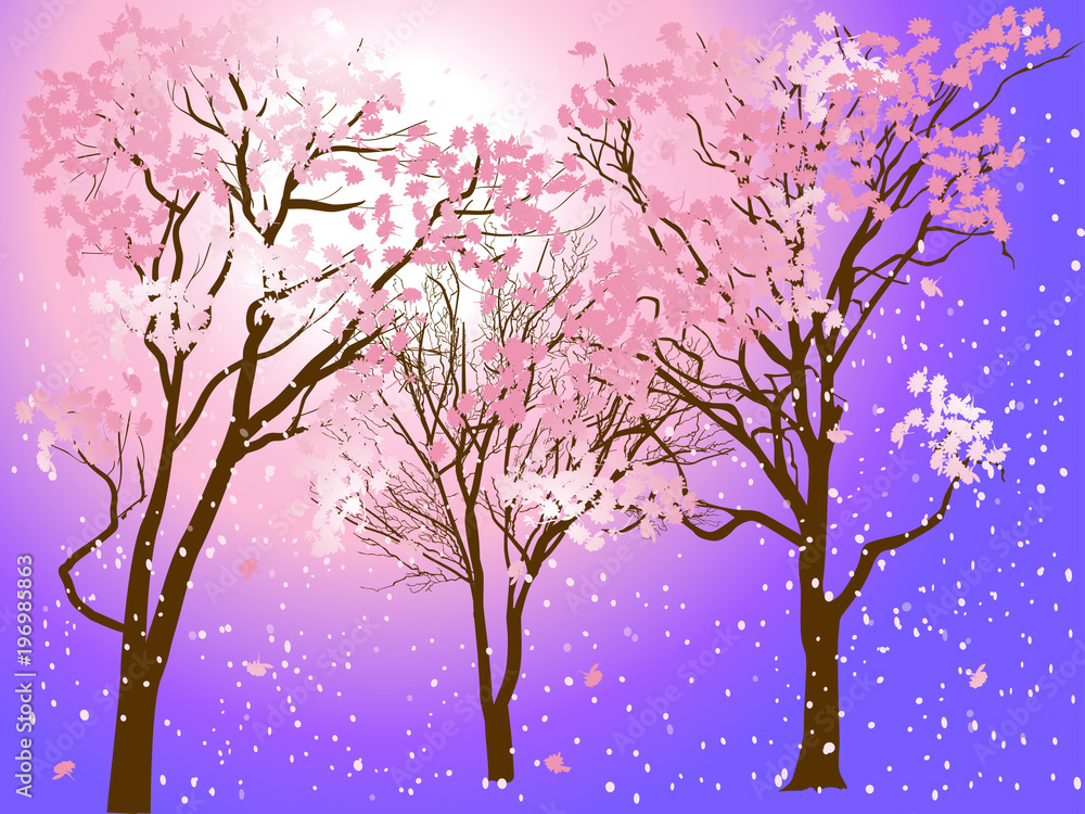 pink trees blossom on light background
