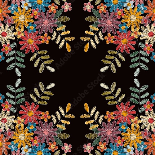 Unusual bandana print with cute embroidery of flowers and leaves. Colorful pattern on black background. Fashion design. Vector illustration.