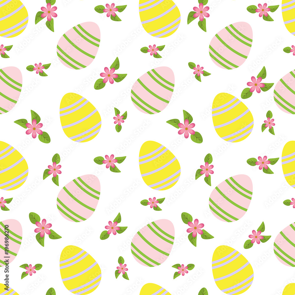 Vector seamless simple pattern with ornamental eggs and small pink flowers with leafs. Easter holiday white background for printing on fabric, paper for scrapbooking Vector seamless simple pattern with ornamental eggs and small pink flowers with leafs. Easter holiday white background for printing on fabric, paper for scrapbooking
