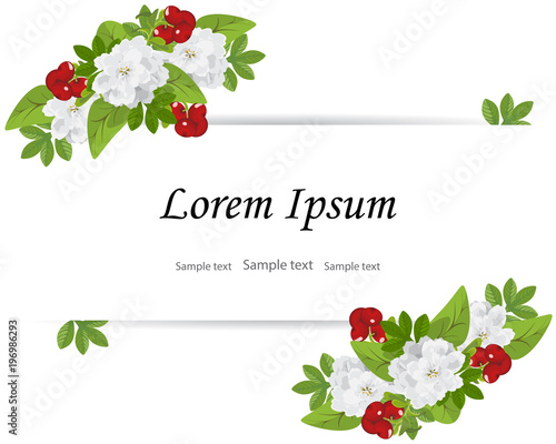 Wedding invitation,birthday.Floral design card,bouquet of greenery green leaves,white small blooming flower Achillea ptarmica,red berries cowberry