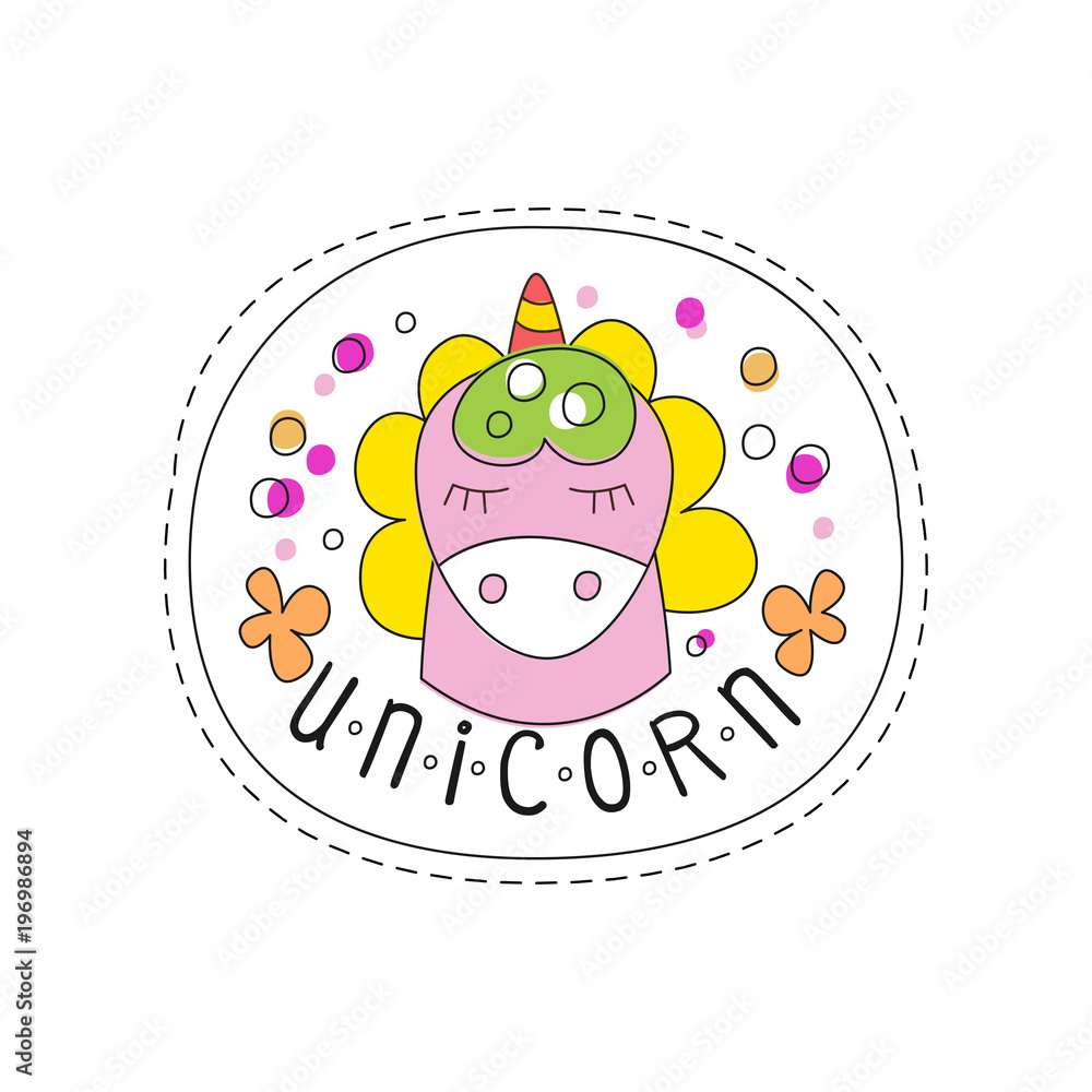 Sweet unicorn with closed eyes childish patch badge, cute cartoon animal sticker hand drawn vector Illustration on a white background Sweet unicorn with closed eyes childish patch badge, cute cartoon animal sticker hand drawn vector Illustration on a white background