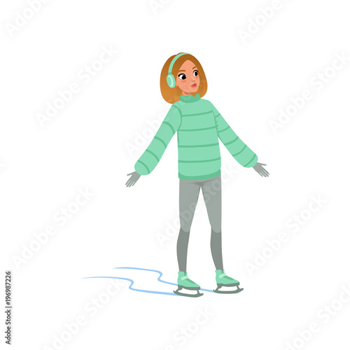 Beautiful girl in warm clothes ice skating vector Illustration on a white background