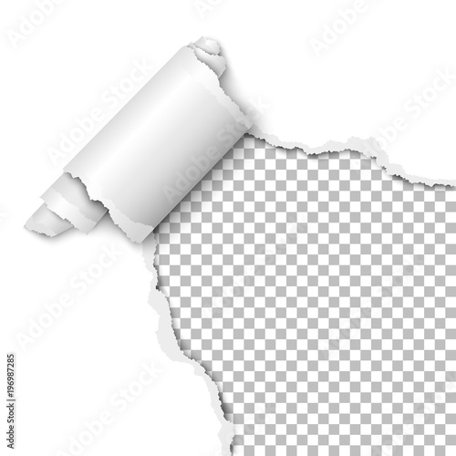 Vector torn hole of lower right corner of the white sheet of paper with paper curl and transparent background of the resulting window. Template paper design.