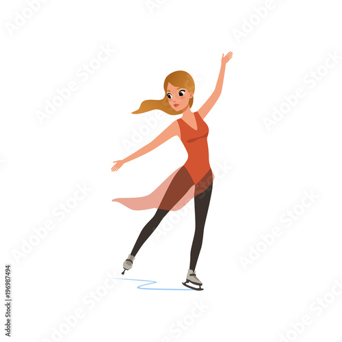Figure skater girl in short red dress skating, female athlete practicing at indoor skating rink vector Illustration on a white background