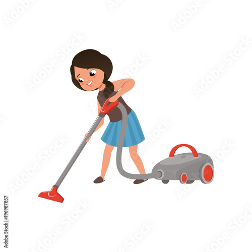 Cute girl cleaning mirror cleaning the floor with vacuum cleaner, home cleaning and homework vector Illustration on a white background