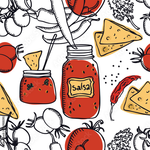 Food collection Delicious salsa Tomatoes, chili peppers and chips Seamless pattern
