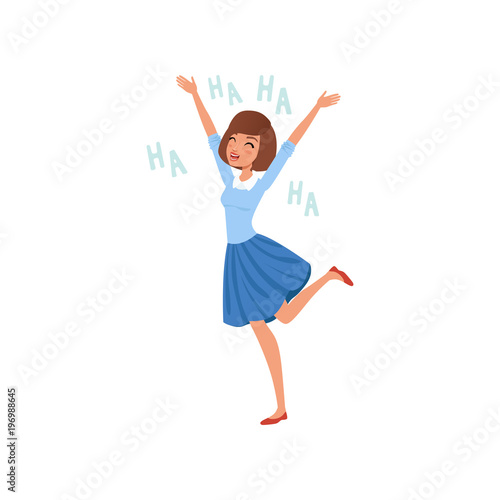 Happy young woman in blue dress laughing vector Illustration on a white background