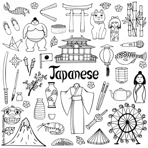 A set of hand-drawn illustrations about the Japanese culture and lifestyle. Outline elements.