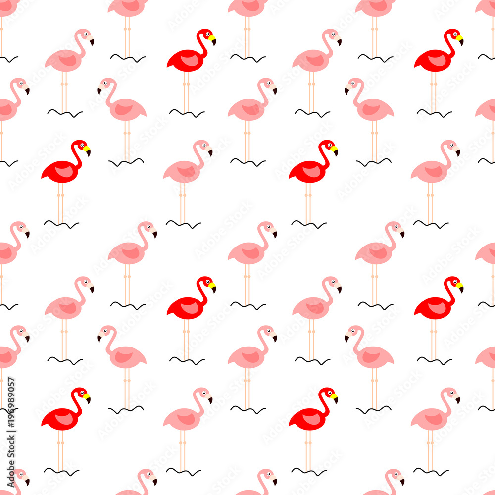 Cute cartoon, pink flamingos, seamless pattern vector. Flat cartoon design on white background.