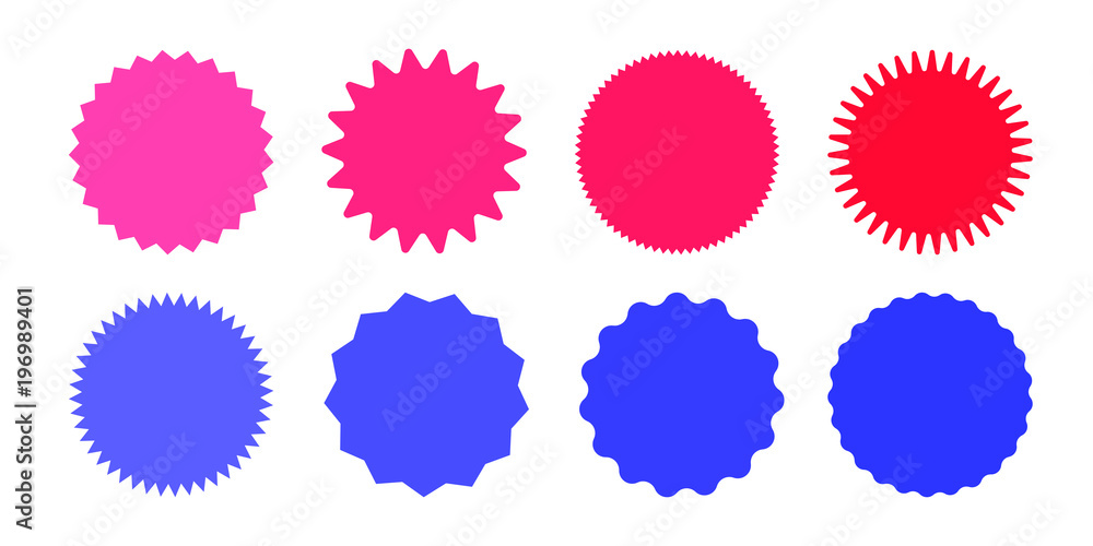 Set of starburst, sunburst, badge shapes. Red and blue vector icons on white background. Set of starburst, sunburst, badge shapes. Red and blue vector icons on white background.