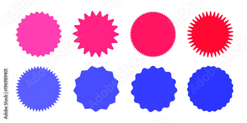 Set of starburst, sunburst, badge shapes. Red and blue vector icons on white background.