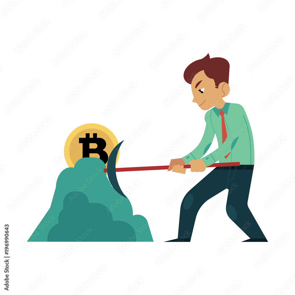 Vector cartoon bitcoin, mining concept. Male character, happy businessman in suit, smashing ground with hummer mining golden coin. Isolated illustration on a white background