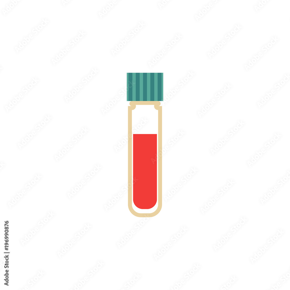 Flat test tube with blood icon. Medical chemical biological pharmaceutical equipment. Pharmacology laboratory analysis glassware. Vector isolated background illustration. Flat test tube with blood icon. Medical chemical biological pharmaceutical equipment. Pharmacology laboratory analysis glassware. Vector isolated background illustration.