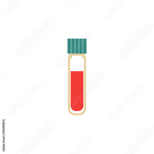 Flat test tube with blood icon. Medical chemical biological pharmaceutical equipment. Pharmacology laboratory analysis glassware. Vector isolated background illustration.