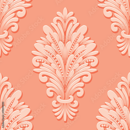 Vector volumetric damask seamless pattern element. Elegant luxury embossed texture for wallpapers, backgrounds and page fill. 3D elements with shadows and highlights.