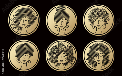 Set of women's hairstyles gold icons.