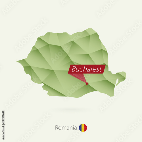 Green gradient low poly map of Romania with capital Bucharest