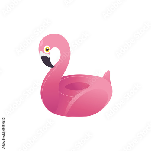 Vector cartoon pink flamingo inflatable ring, float life buoy. Pool beach party, holiday vacation, seaside resort travel, leisure tropical symbol. Isolated illustration on a white background