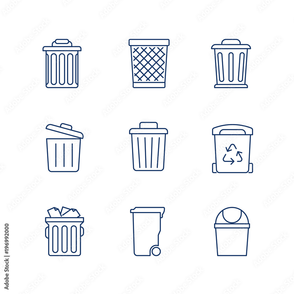 Waste Basket, Trash Can, Recycle Bin line icon vector set.