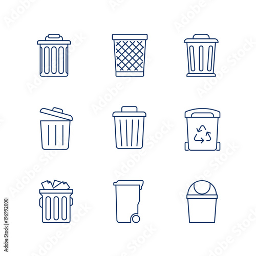 Waste Basket, Trash Can, Recycle Bin line icon vector set.