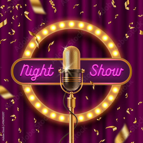 Neon signboard, fame with light bulbs and Retro microphone on stage gainst the purple curtain and falling golden confetti. Vector illustration.
