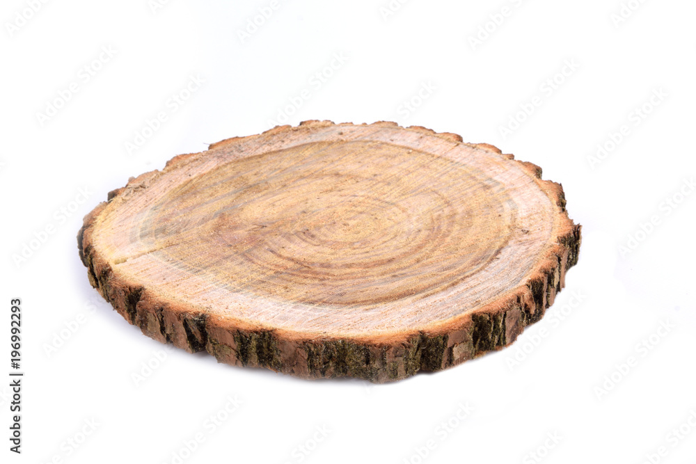 Detailed piece of circular flat cut wood showing annual rings, cracks, bark and texture Slice an oak tree like a wooden plate grove tree trunk showing isolated on white background. Detailed piece of circular flat cut wood showing annual rings, cracks, bark and texture Slice an oak tree like a wooden plate grove tree trunk showing isolated on white background.