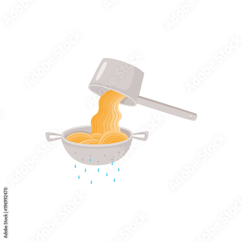 Cooking instruction of preparing instant noodle with draining cooked hot spaghetti in colander isolated on white background. Step by step manual guide of preparation pasta. Flat vector illustration.