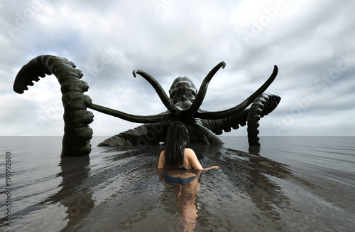 3d fantasy illustration Woman being attack by a sea monster book cover or book illustration concept background