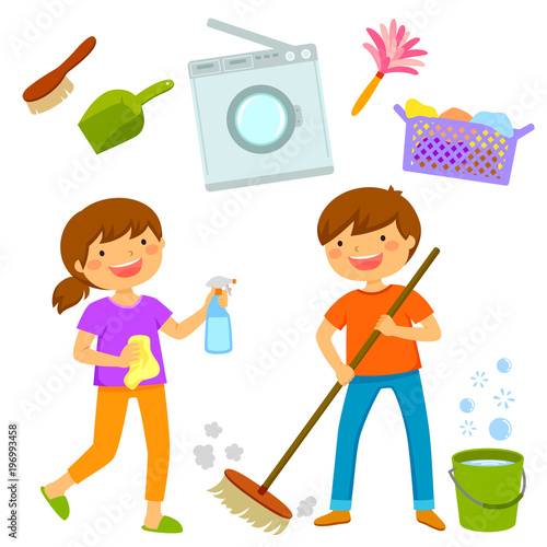 Happy boy and girl cleaning the house together