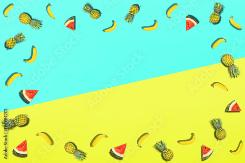 Fototapeta Naklejka Na Ścianę i Meble -  Pattern of fresh summer sweet fruit for holiday concept flat lay mockup and top view of minimal colourful style with copy space for background, pastel fashion in trend