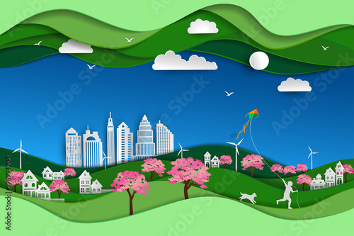 Concept of eco friendly and save the environment with green nature landscape paper art scene background,Happy child playing kite in the sakura park with dog,vector illustration