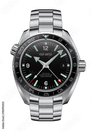 Realistic watch clock chronograph black dial design for men fashion on white background vector illustration.