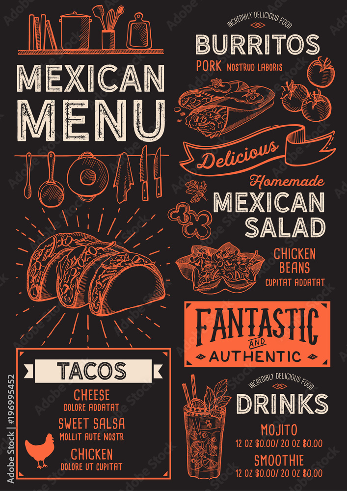 Mexican restaurant menu. Vector food flyer for bar and cafe. Design ...