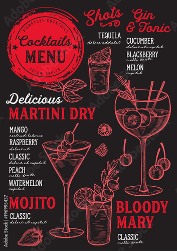 Cocktail bar menu. Vector drinks flyer for restaurant and cafe. Design template with vintage hand-drawn illustrations.