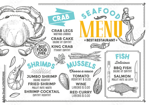 Seafood restaurant menu. Vector food flyer for bar and cafe. Design template with vintage hand-drawn illustrations.