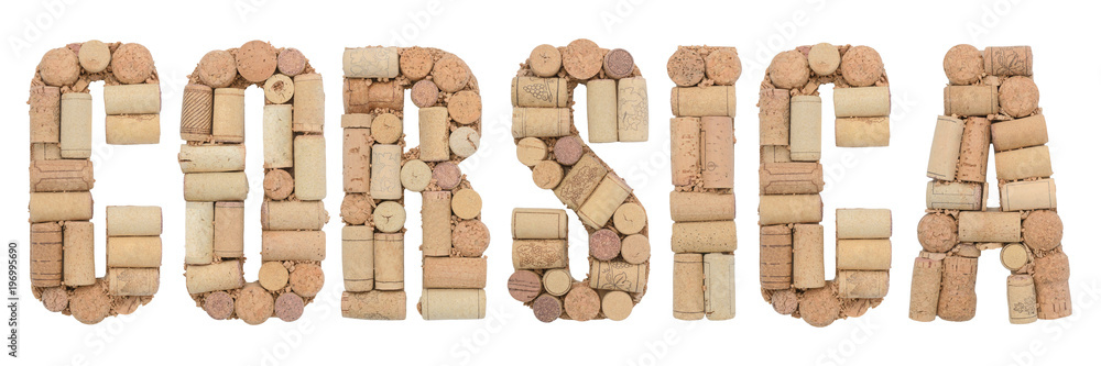 Wine region of France Corsica made from wine corks Isolated on white background