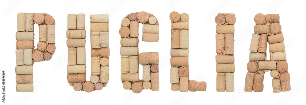 Wine region of Italy PUGLIA made from wine corks Isolated on white background Wine region of Italy PUGLIA made from wine corks Isolated on white background
