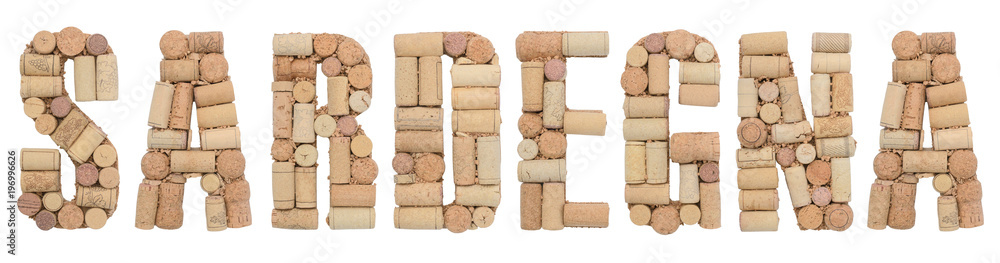 Wine region of Italy SARDEGNA made from wine corks Isolated on white background