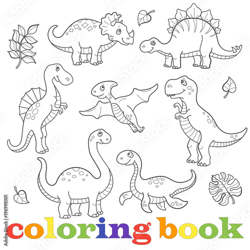 Set of funny cartoon dinosaurs contour  isolated on a white background  the coloring book