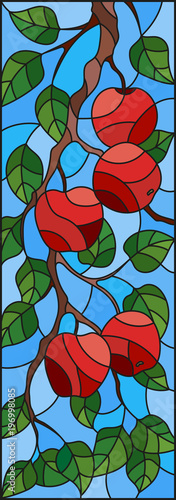 Illustration in the style of a stained glass window with the branches of Apple trees   the fruit branches and leaves against the sky vertical orientation