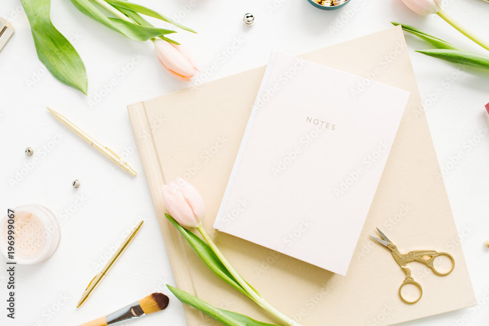 © Floral Deco - Feminine home office desk workspace with notebook, pink tulip flowers, and accessories on white background. Flatlay, top view fashion blog composition. © Floral Deco - Feminine home office desk workspace with notebook, pink tulip flowers, and accessories on white background. Flatlay, top view fashion blog composition.